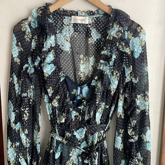 Zimmermann Whitewave Ruffle Wrap Dress In Navy Poppy Floral - Picture 4 of 16